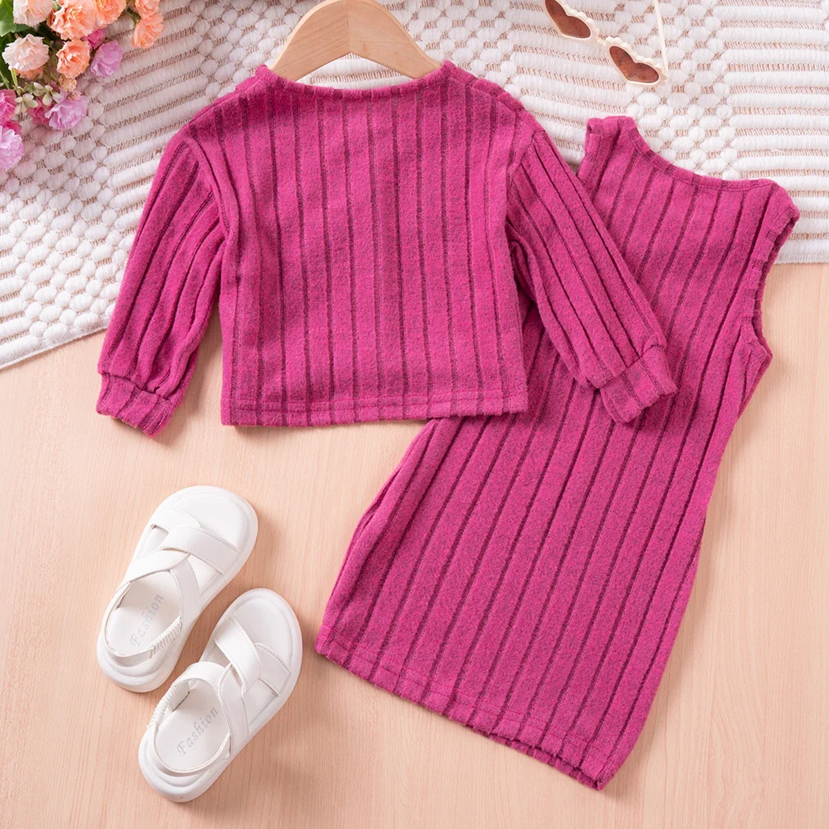 Toddler Girl Autumn Fashion Knitted Pit Stripe Design Elastic Long sleeved Top+Strap Dress 2-piece Set for Daily or Party Wear