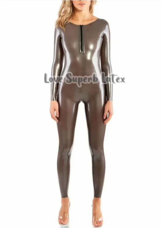 

Gummi Natural Latex Woman Backless Catsuit Rubber Female Tight Bodysuit with Front Zip Latex Plunge Neck Jumpsuit Halloween Cos