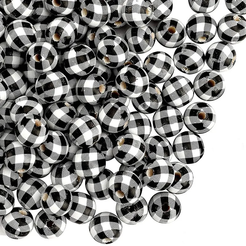 

HOT-120 Pcs Black White Plaid Wood Beads Farmhouse Buffalo Wooden Beads For Garland Decoration DIY Craft Handmade Bracelet