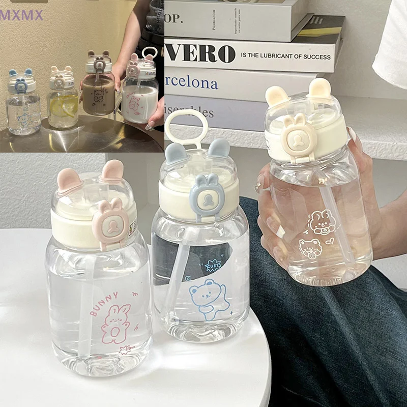 500/520ml Portable Cartoon Bear Water Bottle Cute Drinking Cup With Straw Lid Leak-proof Drinkware For Milk Coffee Tea