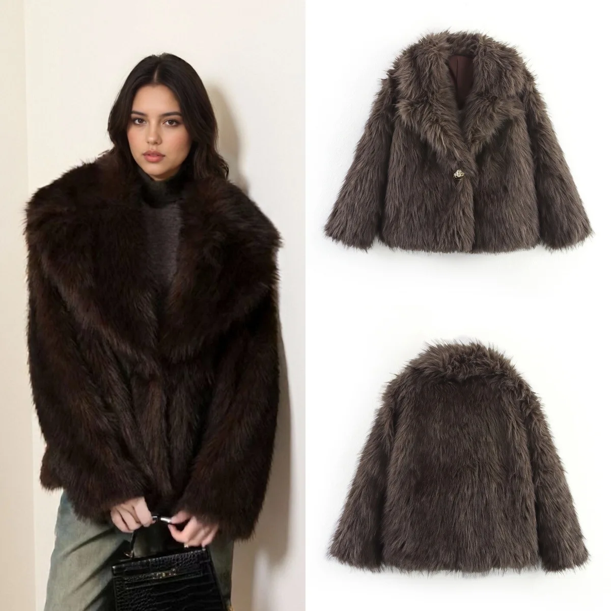 

Luxury Fluffy Faux Fur Women Coat Winter Warm Thick Long Sleeve Turn Down Collar Jacket Female Outwear Y2K Furry Plush Coat