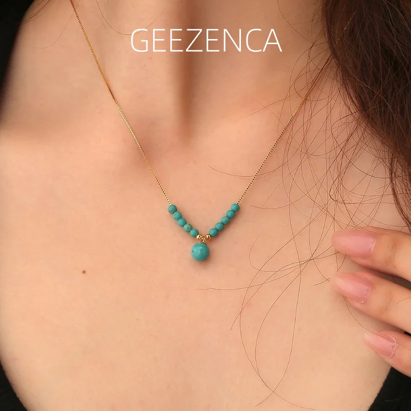 

GEEZENCA 925 Sterling Silver Gold Plated Box Chain Turquoise Beads Charm Necklace For Women Simple Trendy Layered Necklaces Gift