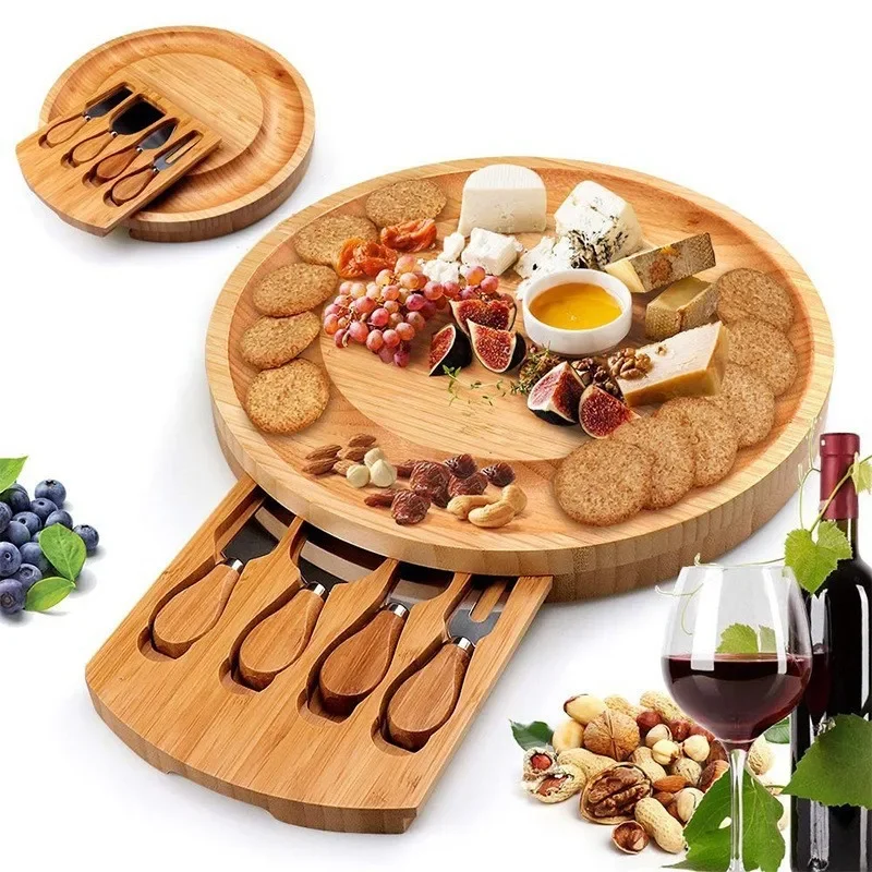 Portable Nan Bamboo Cutting Board Cheese Board Set with Steak and Pizza Tray, Baking Cake Knife and Fork