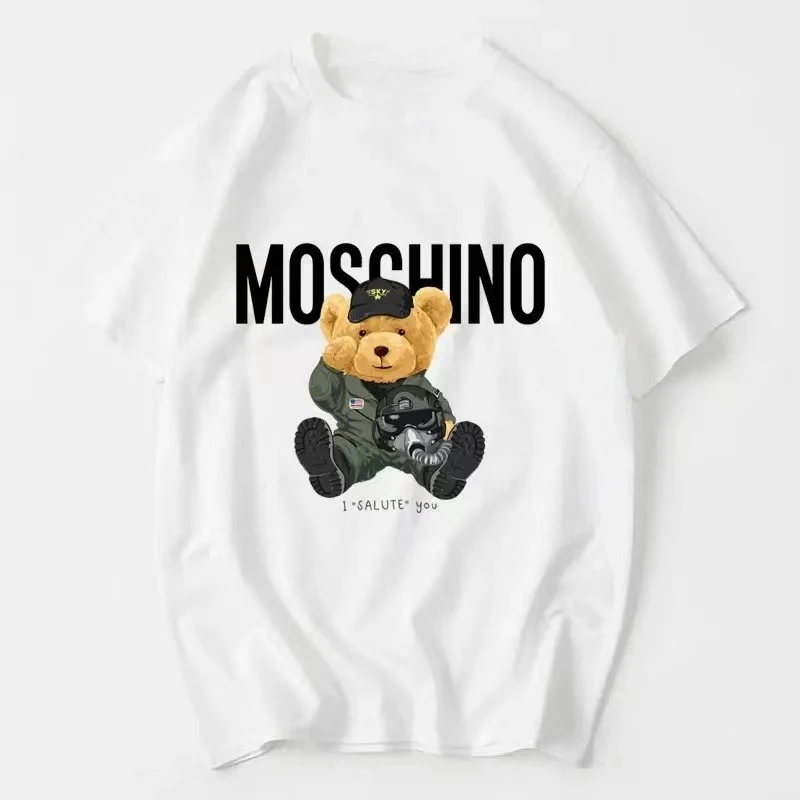 Fashion Bear Print Summer High-Quality Cotton Quick-Drying Loose Short-Sleeved Men's and Women's T-Shirt