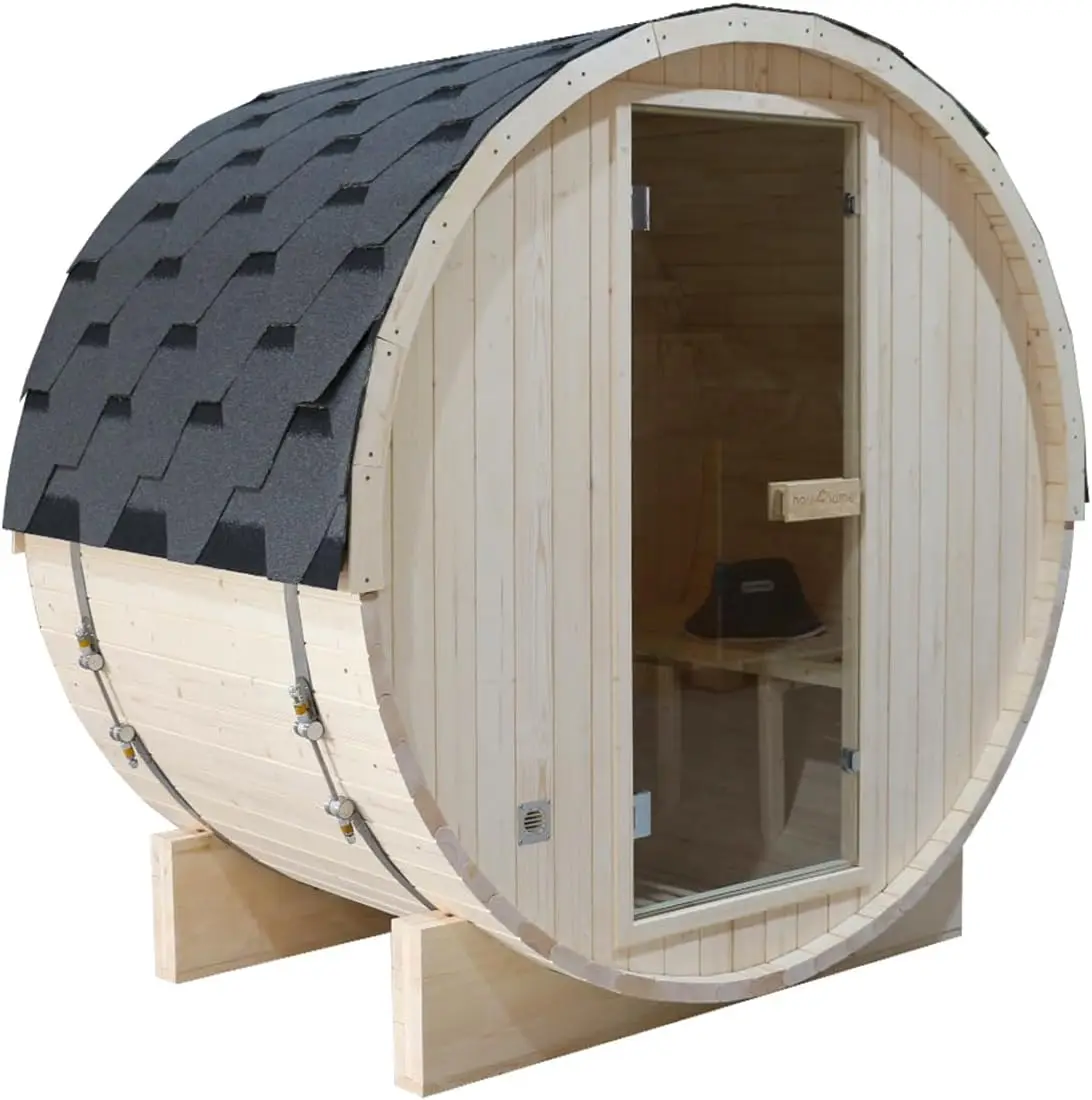 

Паровая сауна с бочонком на открытом воздухе, сауна из ели на 1-2 человек, электрический обогреватель Harvia мощностью 4,5 кВт, крыша асфальтовой черепицы