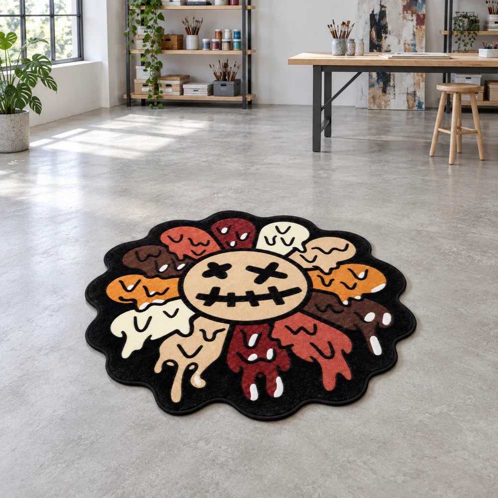 Melting Flower Face Irregular Shaped Rug Soft Flannel Non Slip Floor Mat for Bedroom Gaming Room Unique Gift for Art Lovers