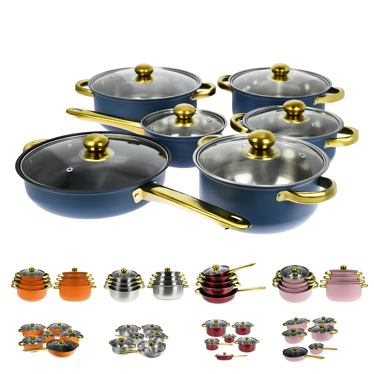 

cookware set Hermes orange Kitchware Pots Set 12-piece colorful non-stick gold plated handle pots Stainless Steel Soup Pot