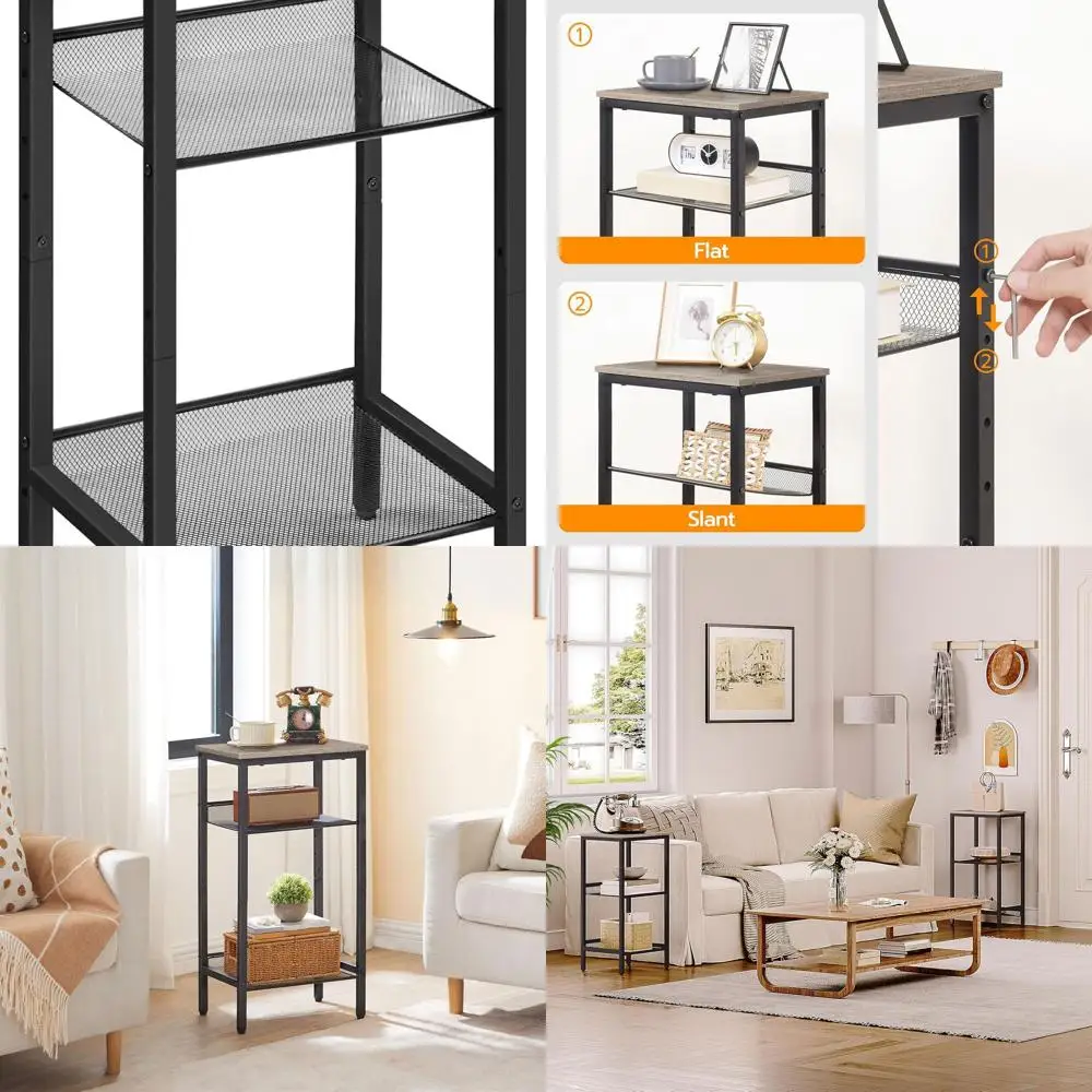 

3-Tier Adjustable Mesh Shelf Side Table, Tall Telephone Stand for Entryway, Living Room, Bedroom, or Office, Greige and Black