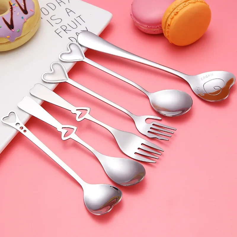 Eco-friendly Stainless Steel Love Forks and Spoon Set Heart Shaped Coffee Spoon Fruit Fork Wedding Dinnerware Set Tableware Gift