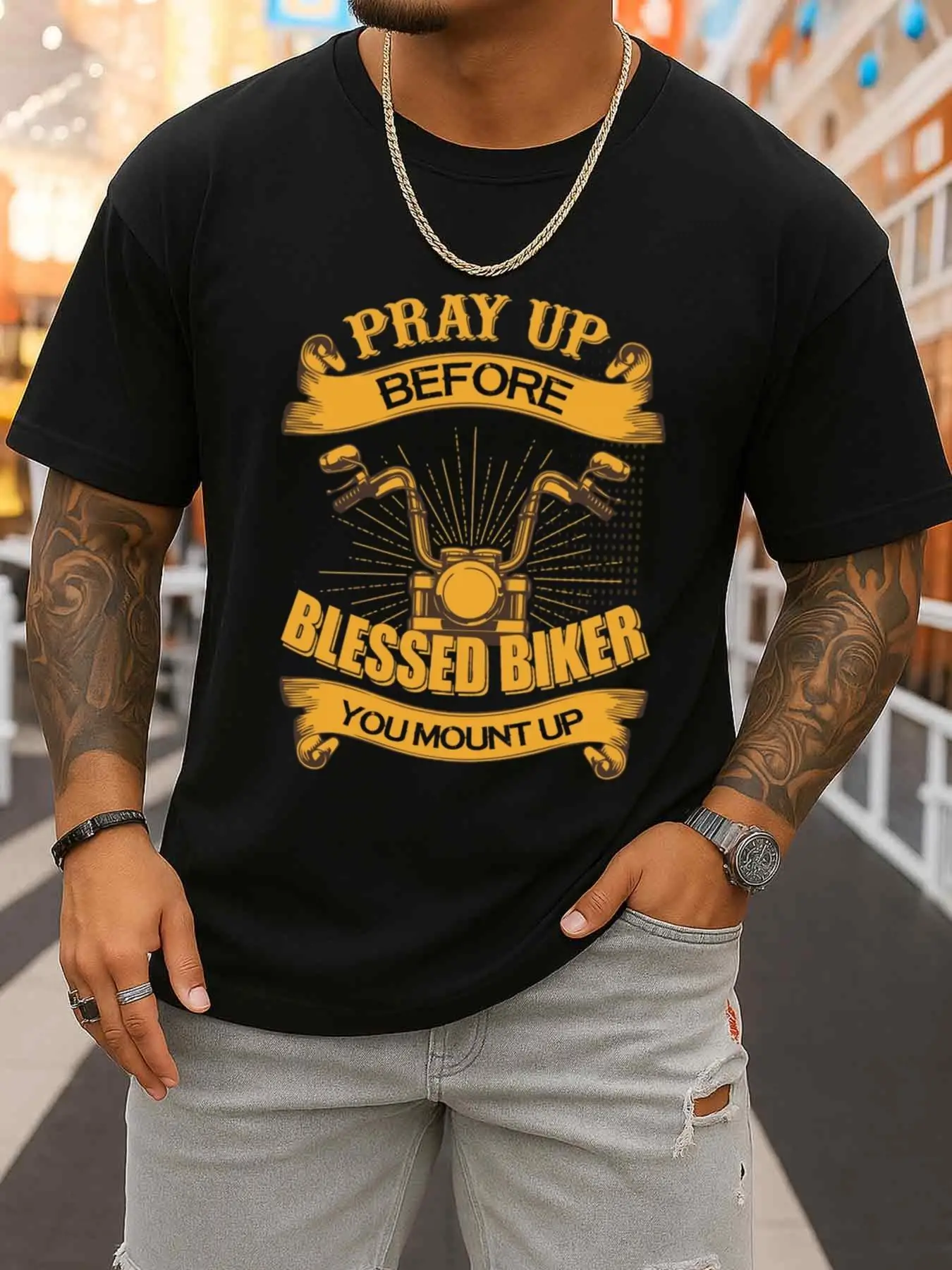 Men's Prayer Cycling T-Shirt, Humorous Black T-Shirt, Limited Summer Edition, Hip-Hop Street Fashion, Spring and Autumn Trendy Printed Shirt, Casual Outdoor Clothing, Comfortable Daily Sportswear