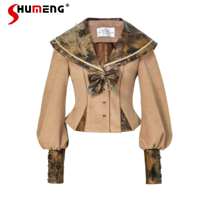 

Новый стиль панк, крутой дизайн, темно-синий воротник, длинные рукава, однобортное короткое пальто, мини-юбки, зимняя женская куртка 2025 года, верхняя одежда