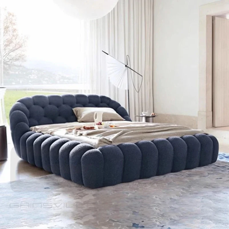 

Furniture King Size Bed Dark Blue Fabric Velvet Modern 3D Bubble Lotus Leaf Bed