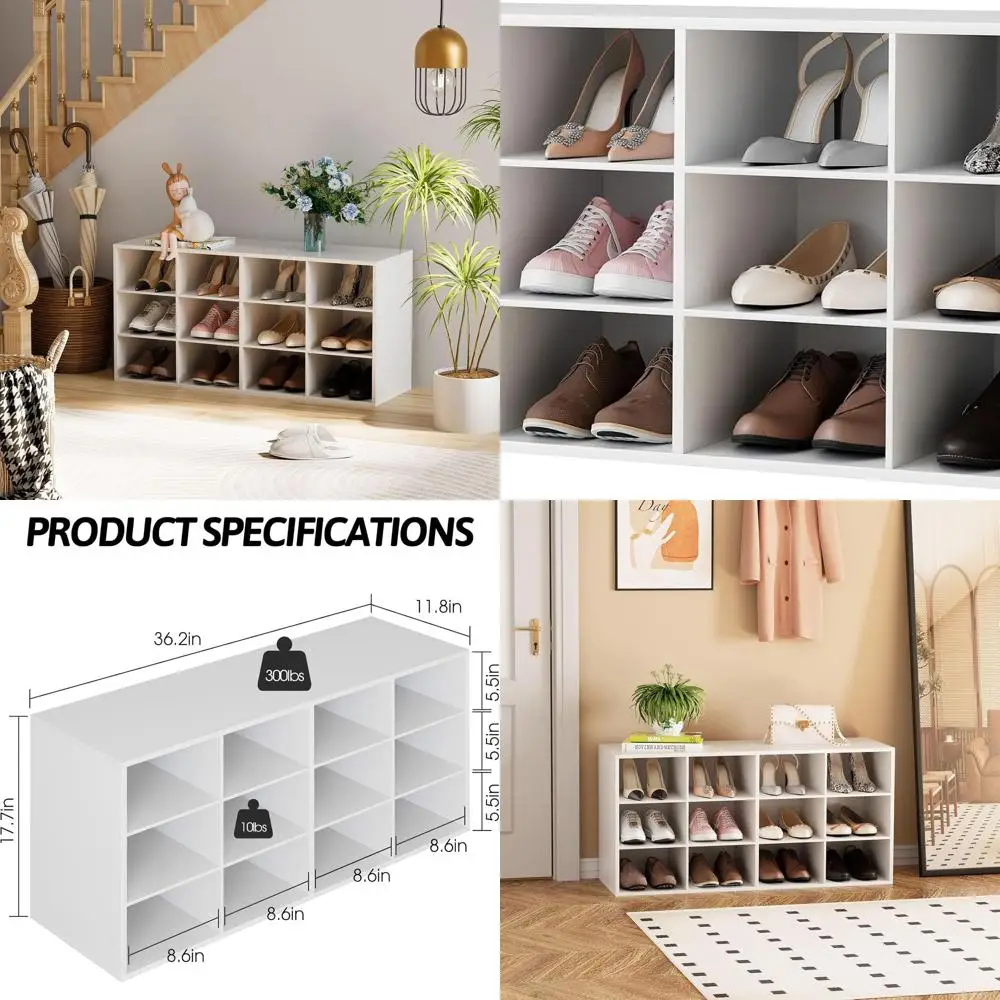 

12-Cubby 3-Tier Wooden Shoe Storage Bench Organizer for Entryway, Hallway, Closet, and Garage, White