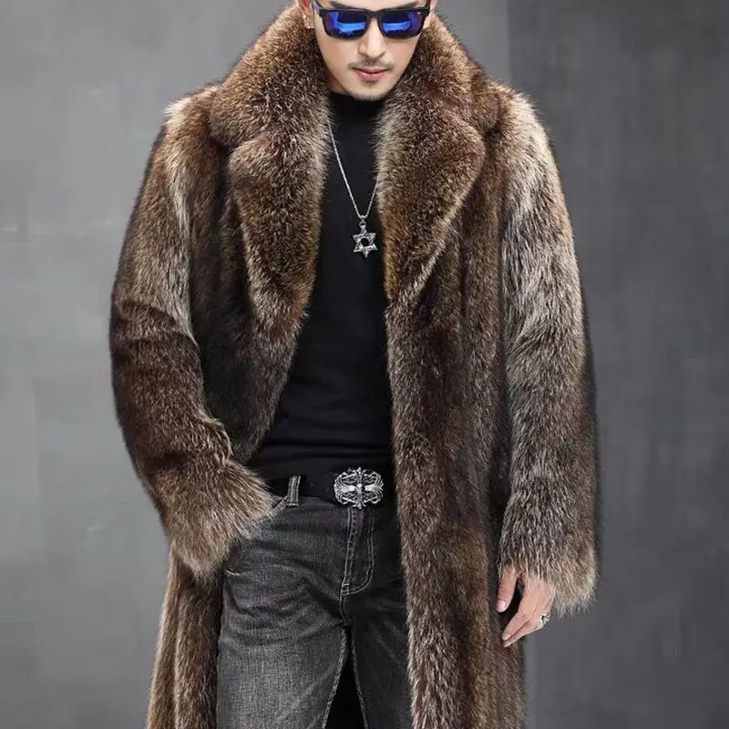 Winter Men\'s Imitation Small Raccoon Fur Coat New Mink Overcoat Warm Clothes Handsome Fashion Casual Long Suit Collar Jackets