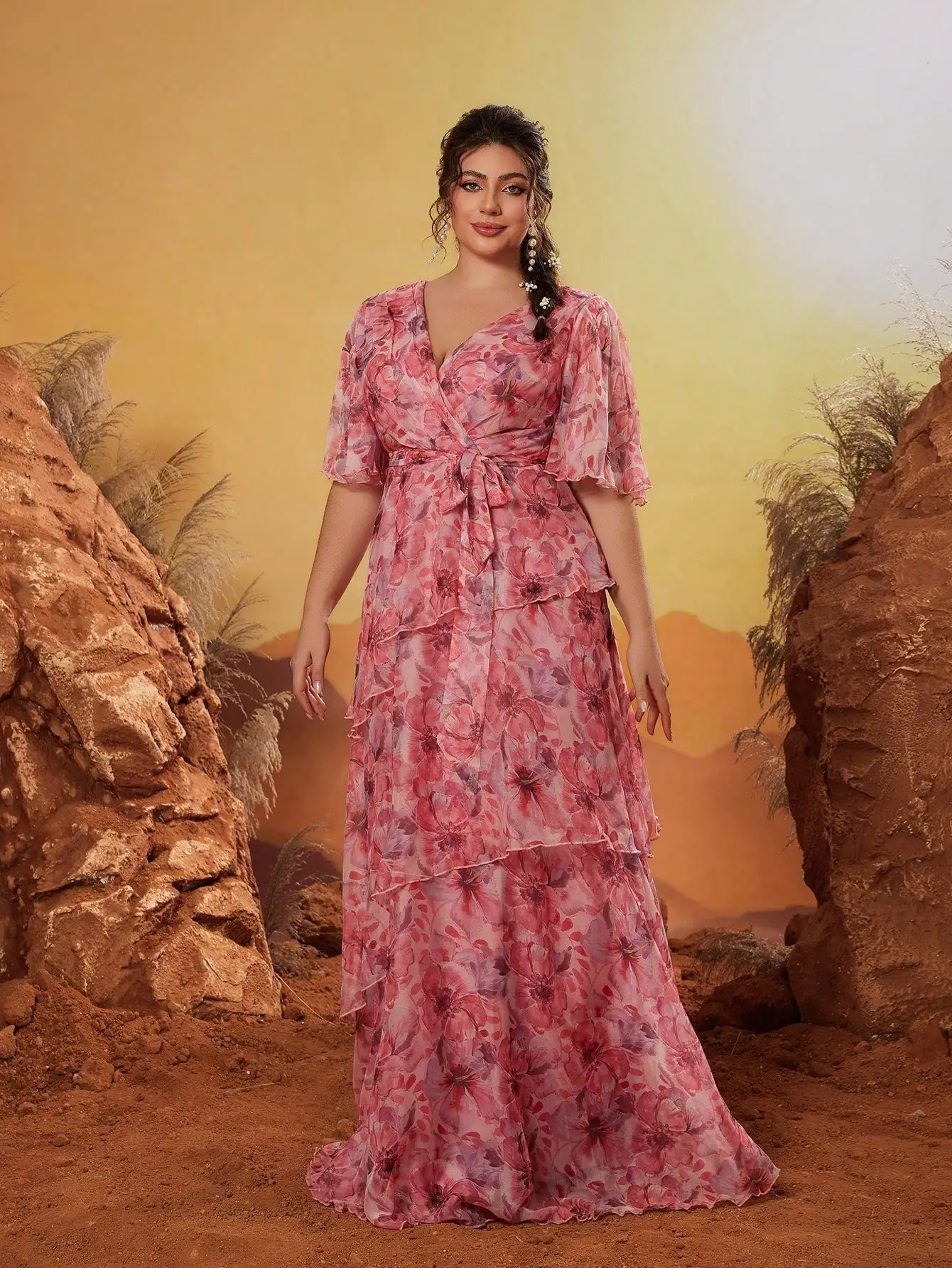 MgiacyV Unusual Cross-Over Pleated Short-Sleeved Tie-Dye Multi-Layered Cake Romantic Print A-line Long Dress