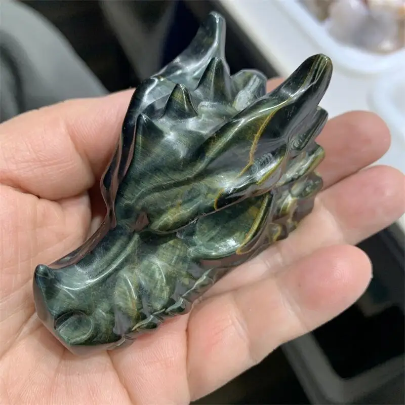 7cm Natural Hand-carved Blue Tiger Eye Stone Dragon Skull Carving Family Decoration Collection Gifts