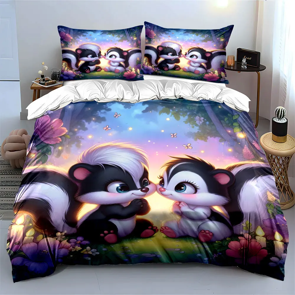 Two adorable skunks in romantic forest Printed Duvet Cover Set1 Duvet Cover+2 PillowcaseMulti Size Bedroom Bedding Decor view 3