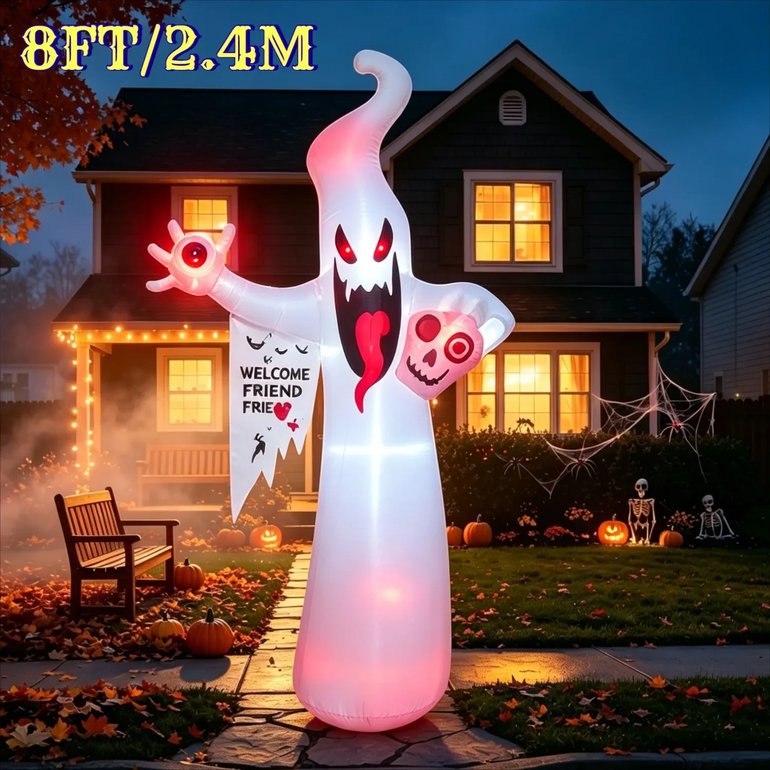 8 FT Halloween Blow Up Ghost Inflatables, Giant Scary Ghost Holding Skull Head with LED Lights Outdoor Holiday Decoration Prop