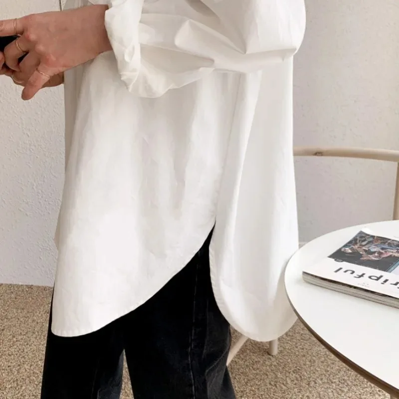 Office Lady Elegant White Casual Loose Blouses Fashion New Cotton Long Sleeve Women Shirt Turndown Collar Tops