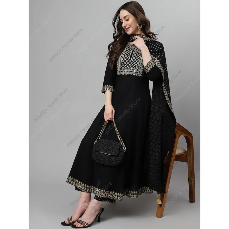 Indian Pakistani Women Black Rayon Kurta Pant Set with Dupatta Ethnic Embroidery 3 Piece Suit Traditional Anarkali Salwar Kameez - view 3