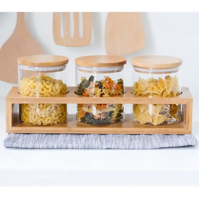 Transparent Glass Storage Food Container Kitchen Tea Sealed Cans Snacks Bottles Bamboo Wooden Frame