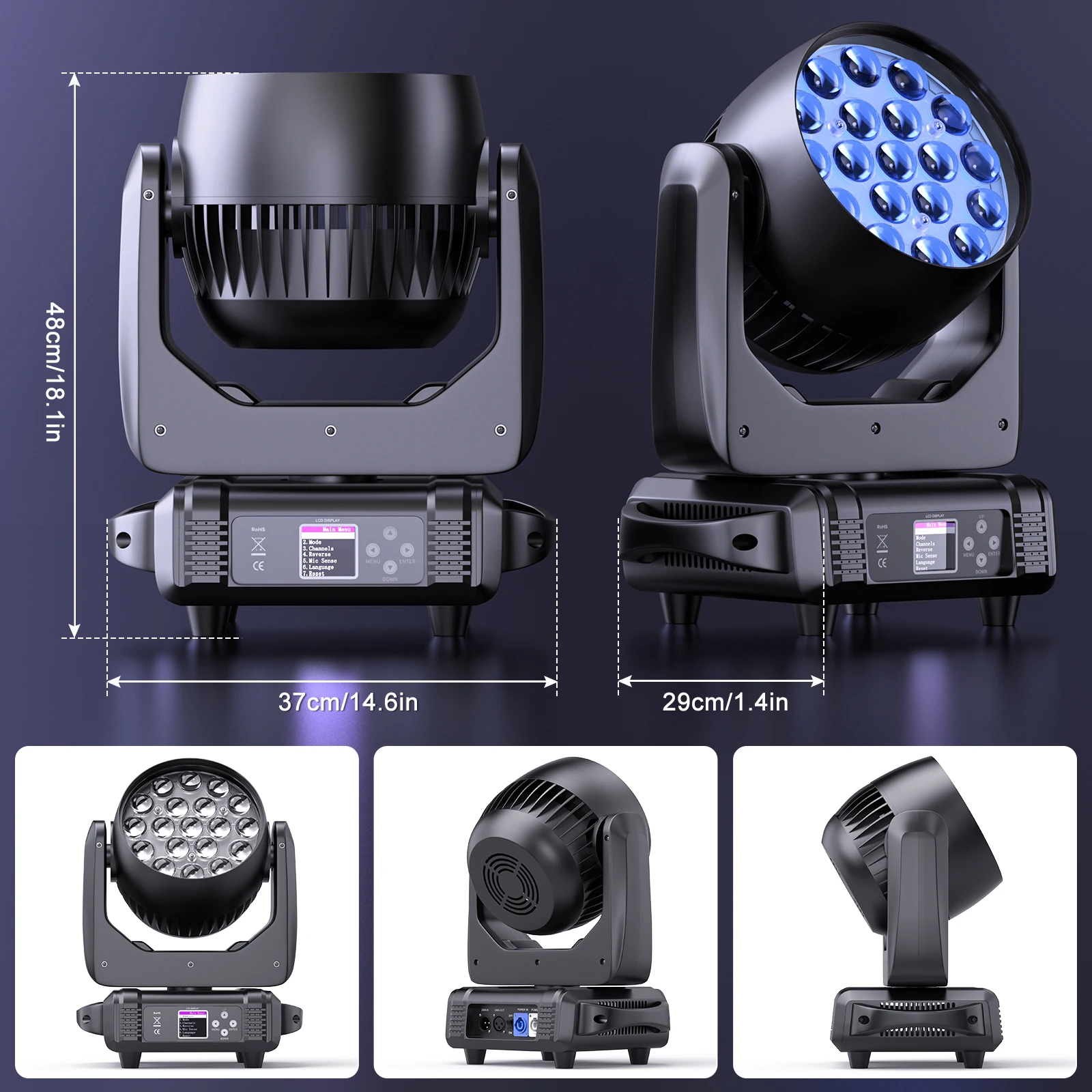 19x15W LED BEAM Moving Head Light RGBW 4in1 Focusing Lights DMX Stage Lighting Effect Projector for Disco Party Concert Theater
