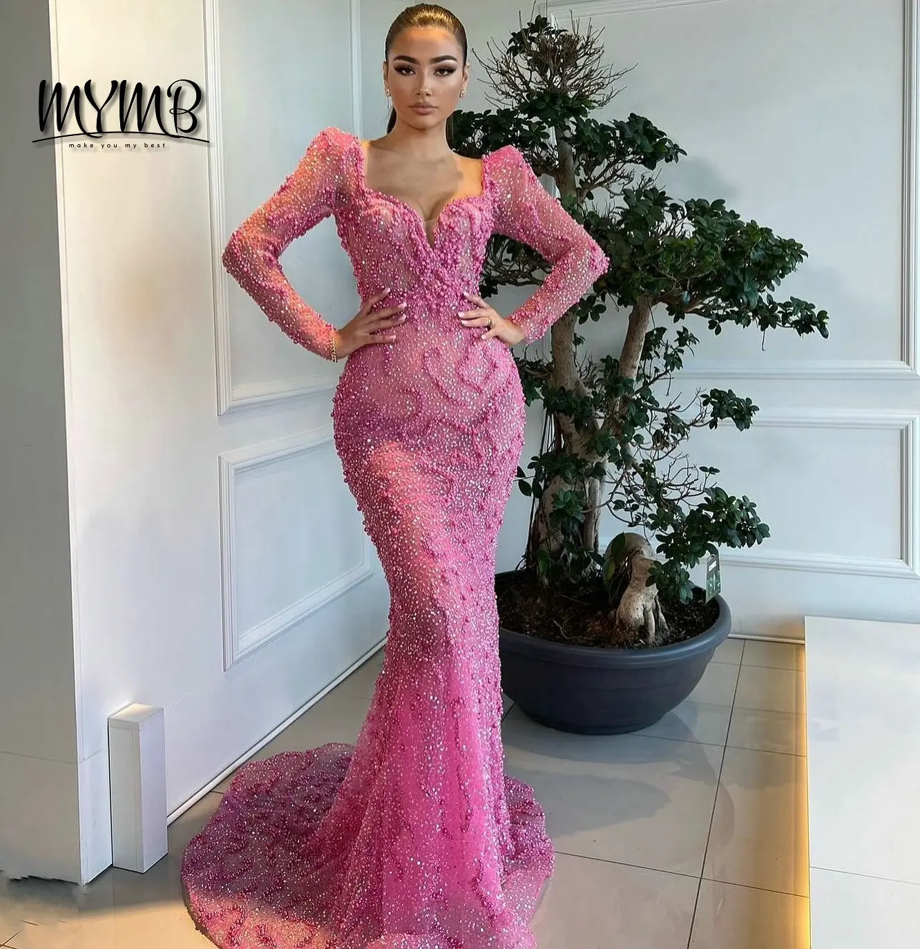 

MYMB Newest Design V Neck Long Sleeves Evening Dresses Women Elegance Pearl Sequin Mermaid Prom Party Dress Floor Length MY30041