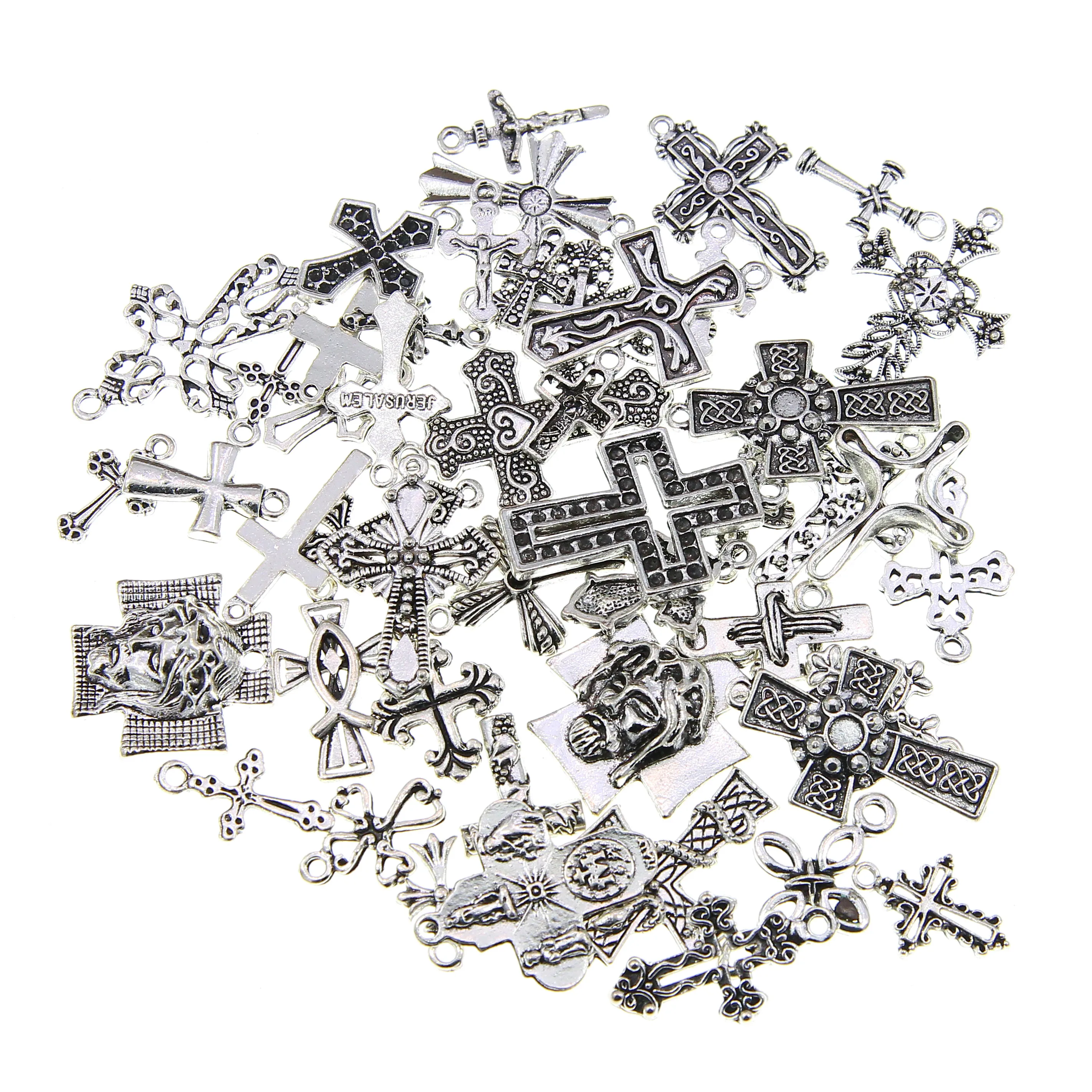 50pcs Crosses Charms Pendant Christian Alloy Cross Metal Antique Silver Plated Pendants Making DIY Handmade Jewelry