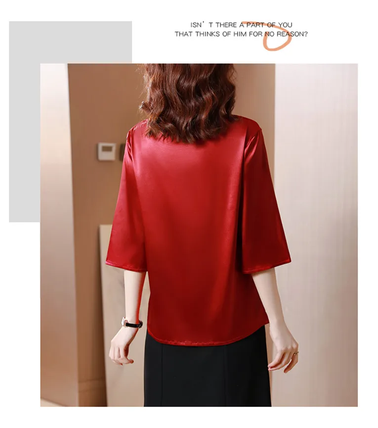 2026 Spring and Autumn New All-match O-neck Three-quarter Flared Sleeve Acetate Satin Blouse tops Basic Simple Ice Silk Shirts