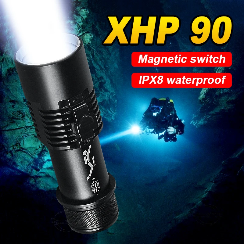 Newest Most Powerful Diving LED Flashlight XHP90 Rechargeable Diving Torch Light IPX8 Waterproof Underwater Lamp Camping Lantern