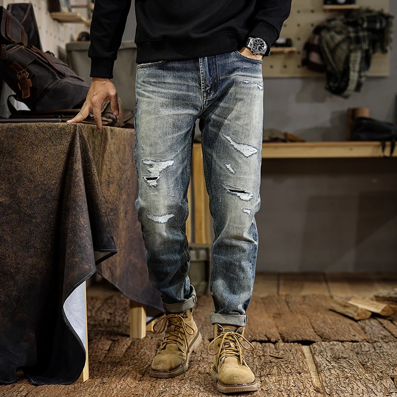 2025 SS Premium Selvedge Ripped Hole Denim Jeans for Men American Vintage High-Street Slim Straight Stretch Tapered Pants