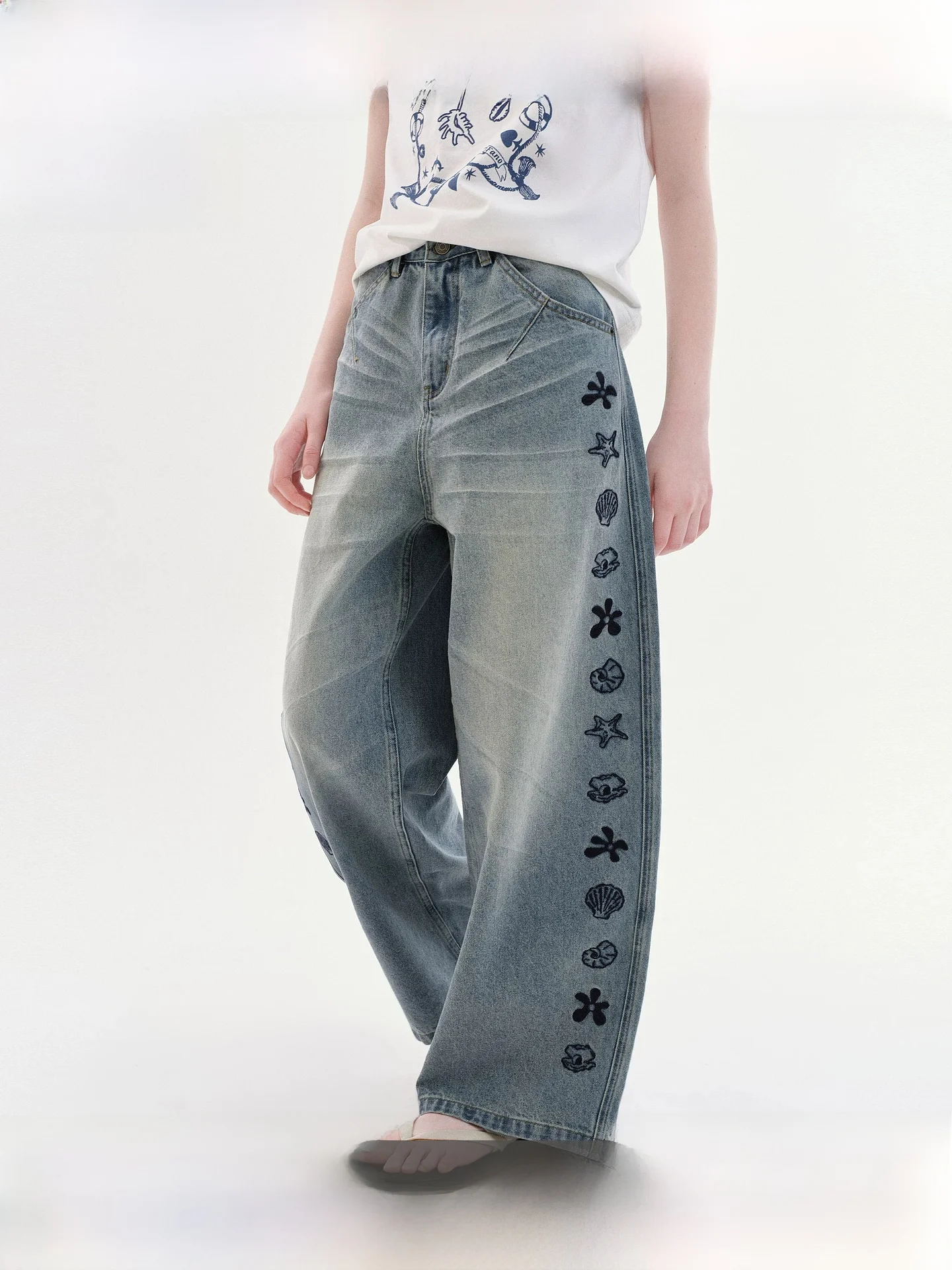 

Fano Summer Ocean Feel Embroidered Loose Wide Leg Jeans Women's New Style Summer Cotton High Waist Button Closure Commute