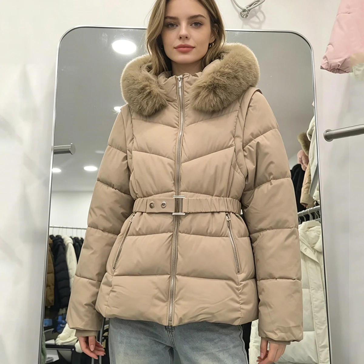 New Women's 2-in-1 Hooded Parka Jacket with Detachable Sleeves Faux Fur Trim Belted Waist Warm Winter Outerwear Zipper Coats