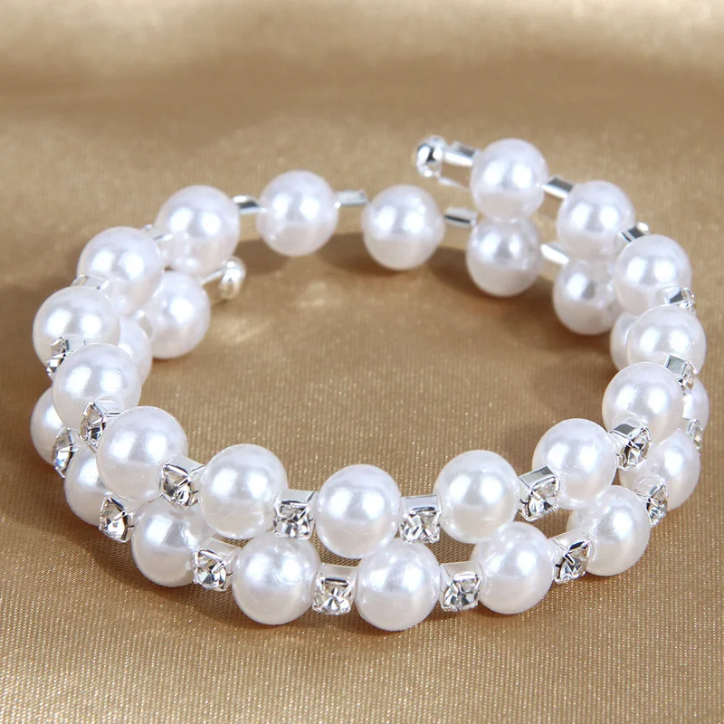 Multi Layers Handmade Elastic Crystal Pearl Bracelets Wide Pearl Bracelet For Women Wedding Jewelry Gift