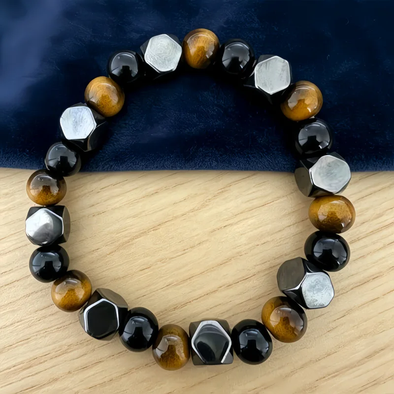 Dreifach-Schutz-Armband mit Tigerauge, Obsidian und Hämatit - Unisex Perlenarmband zur Spirituellen Heilung und Absorption Negativer Energie - Geschenkidee – Detail 5