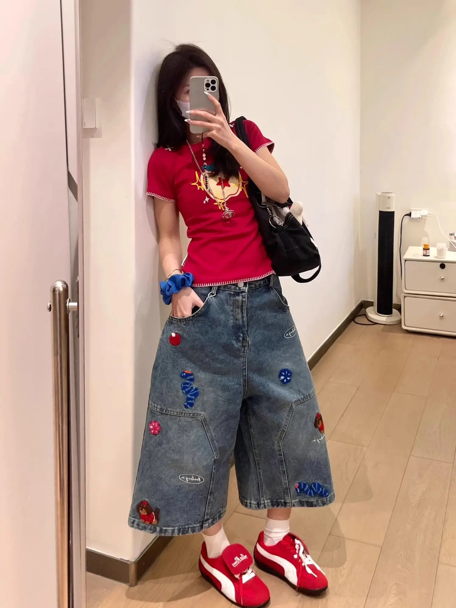 Women's retro American blue denim seven quarter hot girl shorts summer versatile straight leg wide leg casual loose Y2K jeans