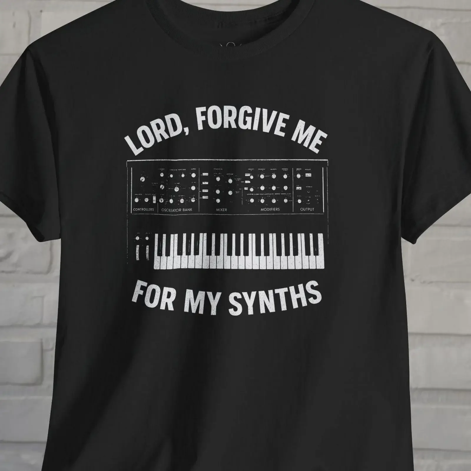 Lord Forgive Me For My Synths Funny T Shirt Analog Synthesizer Keyboard Music Nerd Electronic Producer vintage Washed
