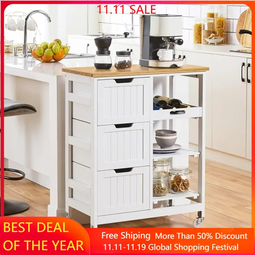 

Kitchen Island Cart, Bamboo Countertop, Rolling Serving Utility Trolley Cart with Drawers, Removable Shelves & Lockable Casters