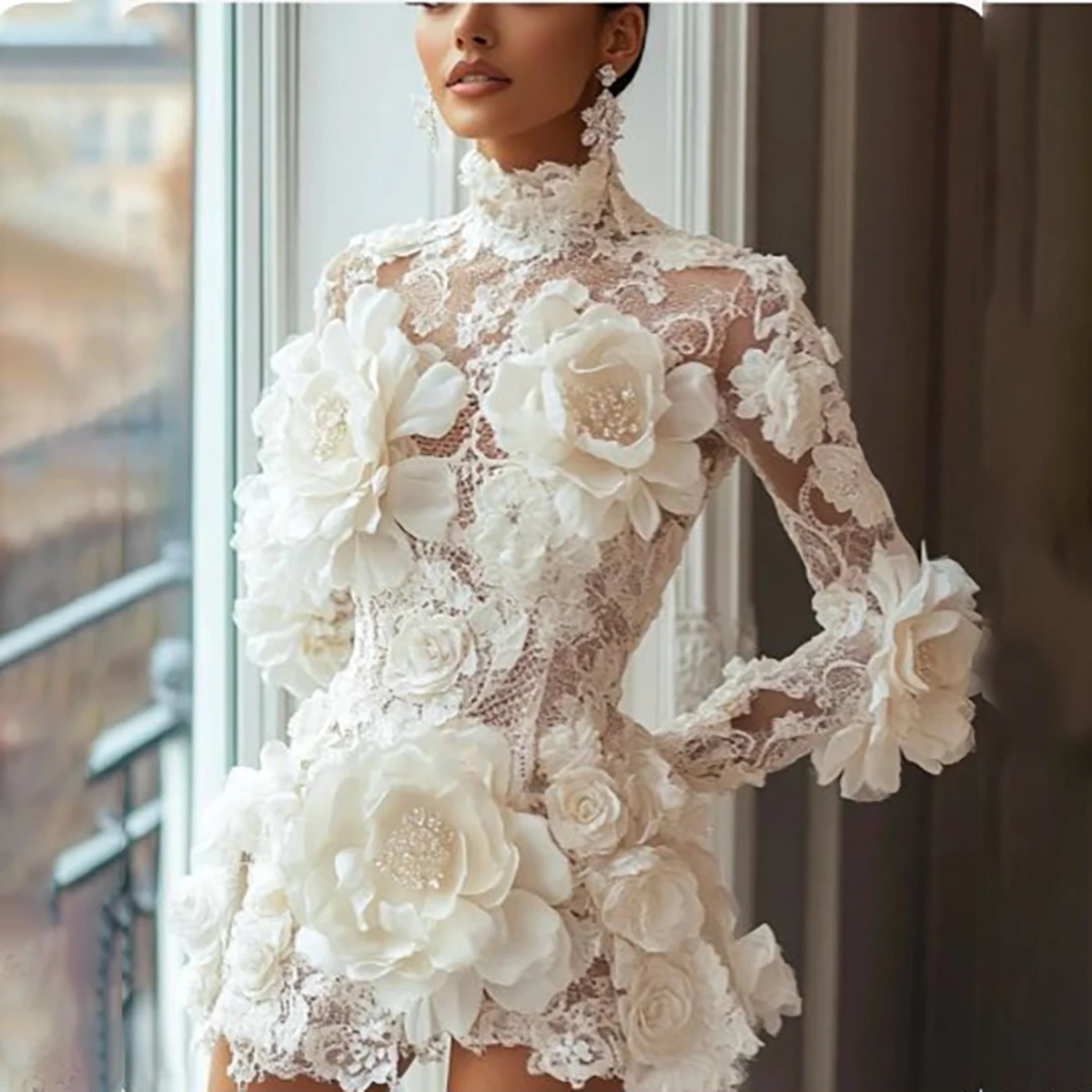 Long Sleeves Handmade Flowers High Neck Customized Wedding Dress