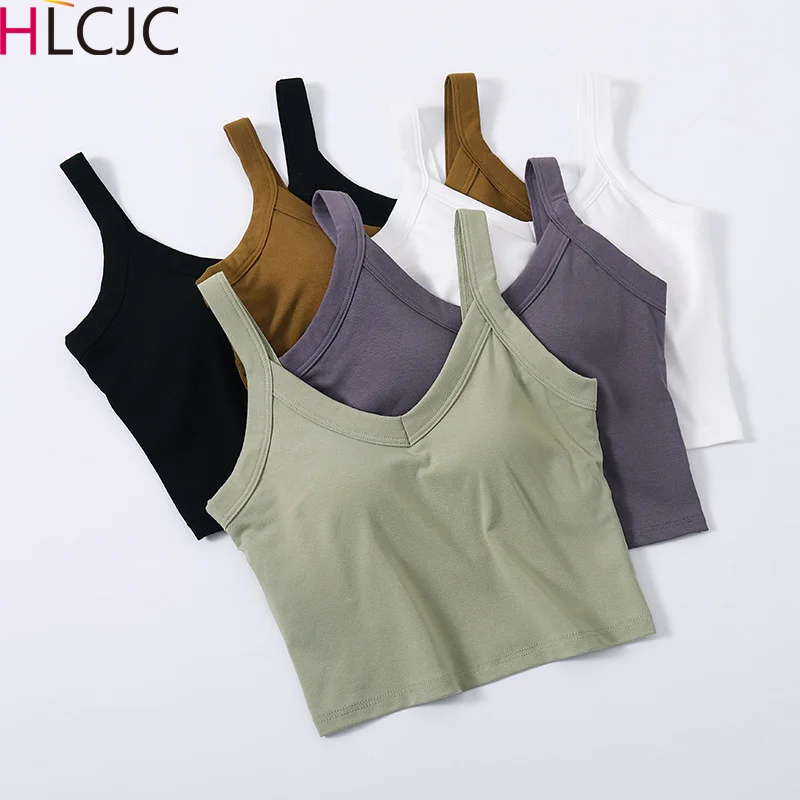 2024 Women's Knitted Cotton Underwear Sexy Solid V-neck Top Fashion Push Up Bra Female Outdoor Top Sports Tank Up Woman Crop Top