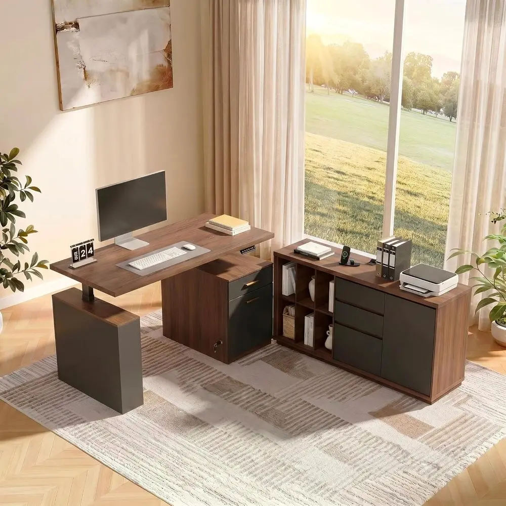 

53-inch Executive Height Adjustable Desk with Storage Cabinet and Charging Station, Black Walnut Finish