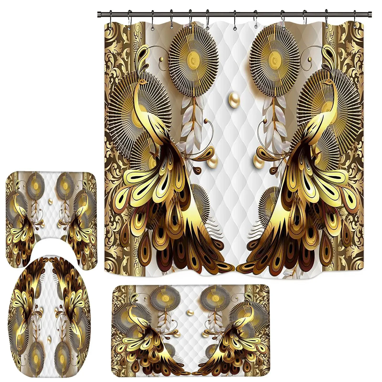 Luxury Bathroom Accessories Set Golden Shower Curtain Set Organic Digital Printing Rug Set Match Curtain