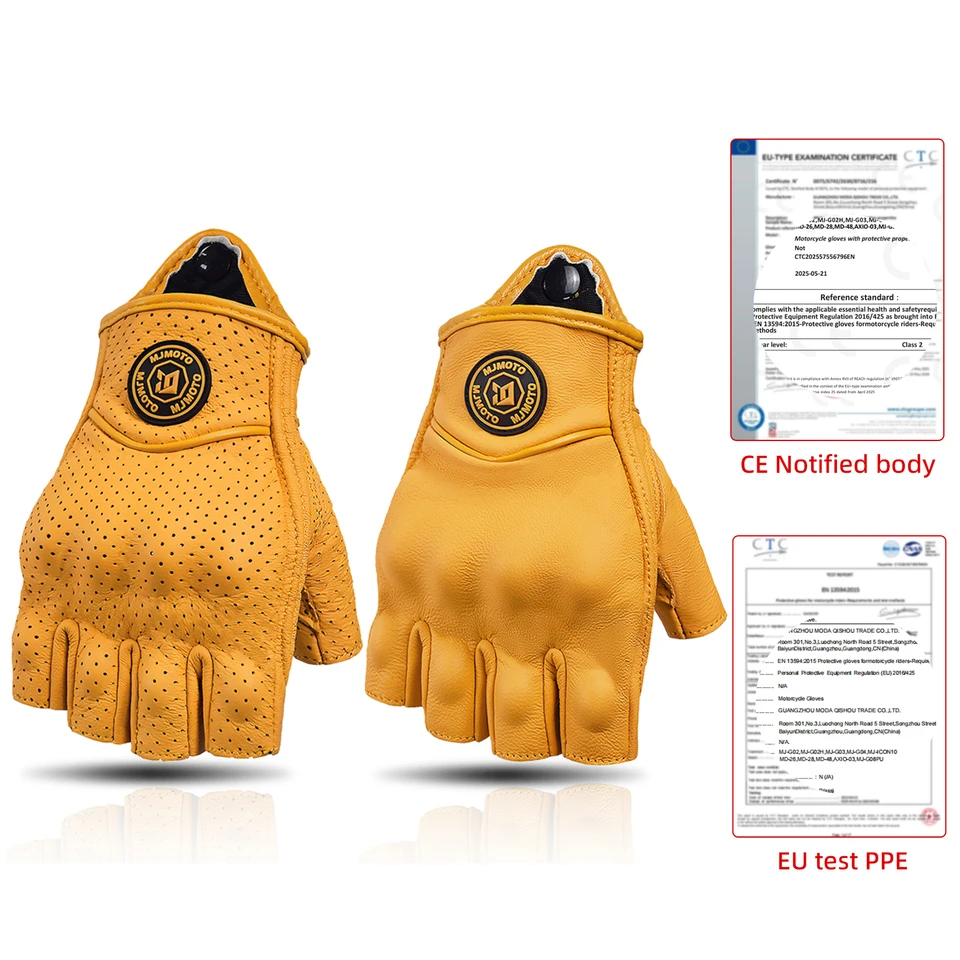 MJMOTO Retro Leather Motorcycle Half Finger Gloves Touchscreen