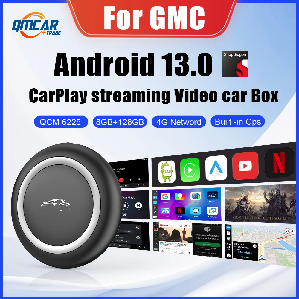 

Беспроводной Carplay Android Авто Android 13 QCM6225 адаптер для Youtube Netflix для GMC каньона Sierra HD Yukon надлежащей местности