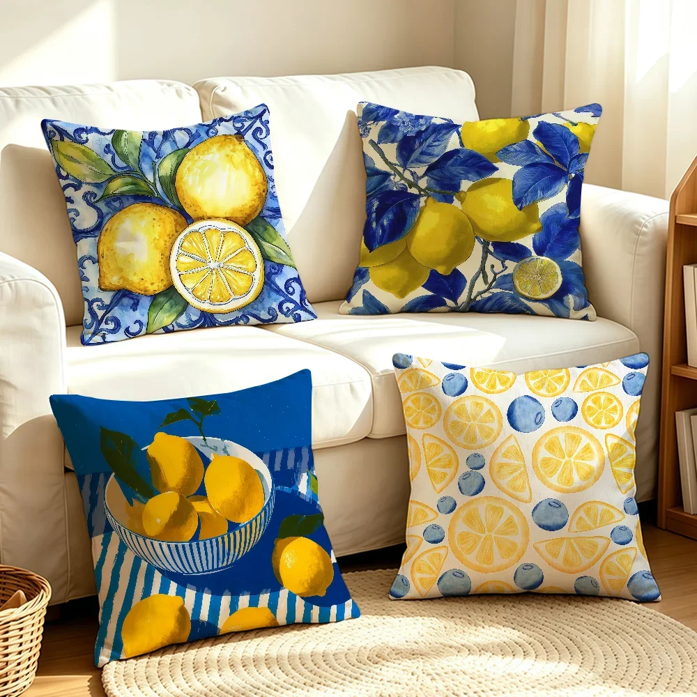 Art Lemon Blue Toned cushion cover Soft Smooth Hidden Zipper Washable Decorative Couch Office Housewarming Gift