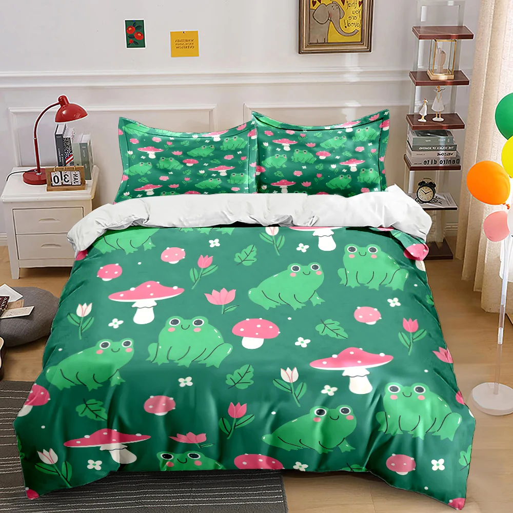 Cartoon frogs mushrooms flower background Bedding Set 1 Duvet Cover 2 Pillowcases for Adult and Children Luxury Gift Full Size