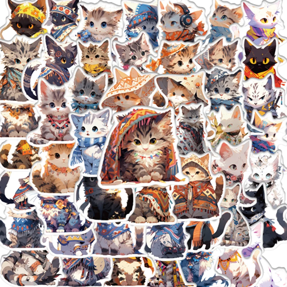 

50pcs Cartoon Cute Ethnic Cat Stickers for Notebook Diary Skateboard Water cup Suitcase Kawaii Waterproof Children's Gift Toys