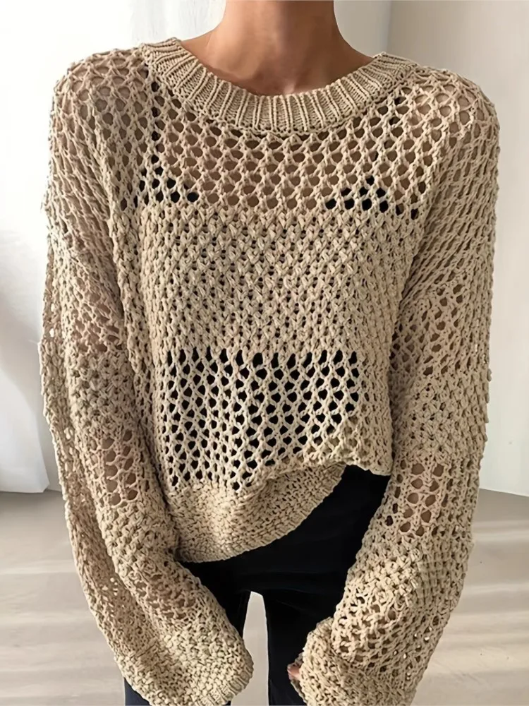 

Casual Solid Knit Sweater For Women Fashion Hollow Out Long Sleeve O Neck Pullover Sweaters Tops Lady Holiday Womens Clothing