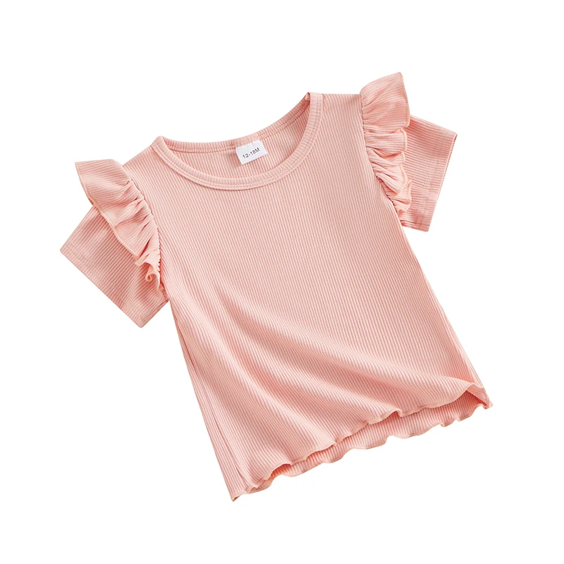 12 18 Months 2T 3T 4T 5T Toddler Baby Girl Summer Shirts Ribbed Ruffle Short Sleeve T Shirt Top Basic Plain Blouse