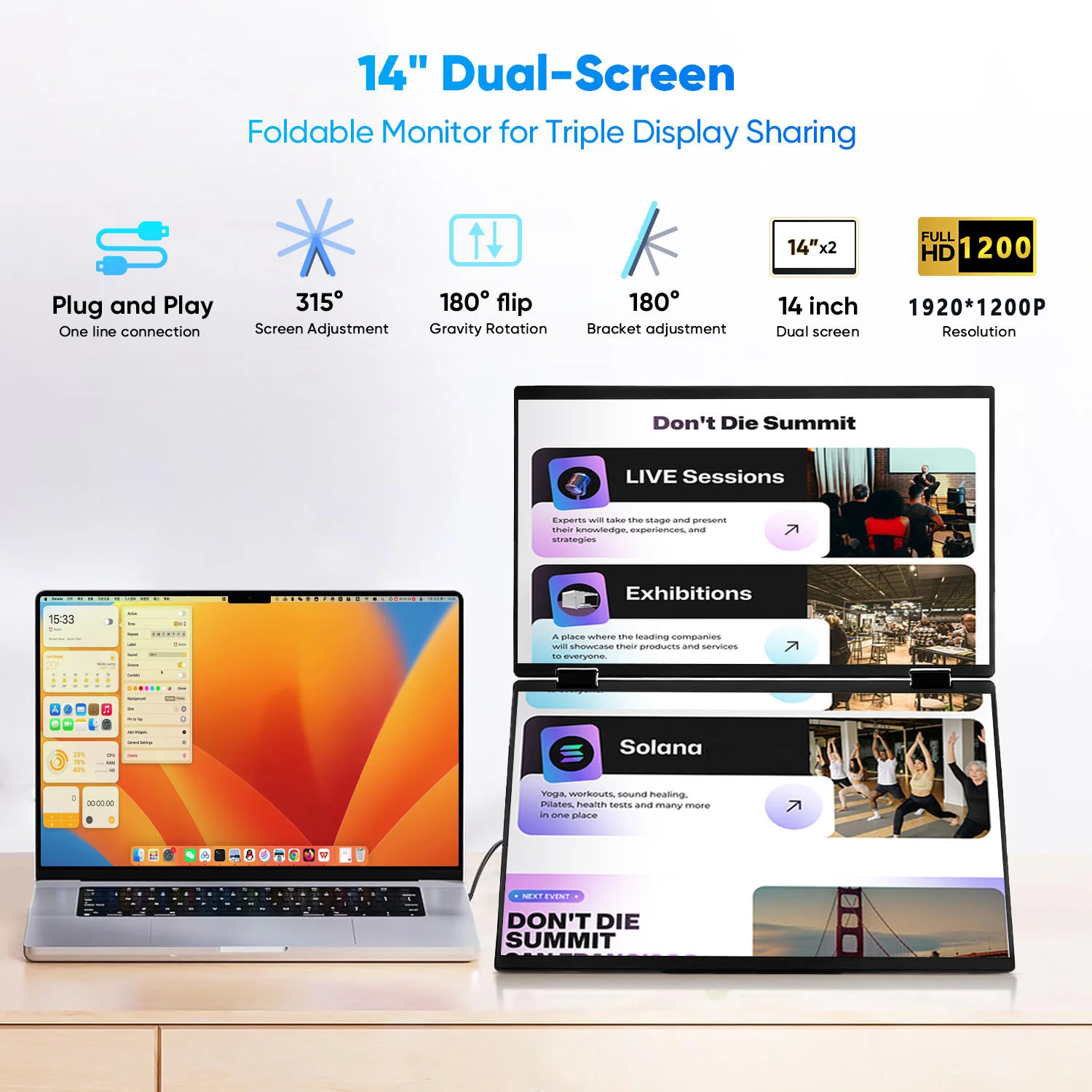 14 Inch Dual Portable Monitor 72%sRGB 1920*1200 FHD IPS with Stand Dual Screen Portable Display for Laptop PC Office Gaming